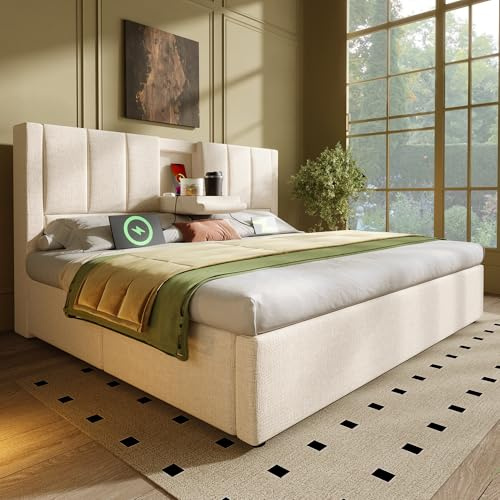 Lit 160x200 avec Sommier USB C et Porte-Gobelet Caché, Lit Coffre 160x200 avec Rangement et Tete de Réglable, Double Hydraulique avec à Lattes 2 Personnes, Capitonné Cadre de Lin(Sans Matelas)