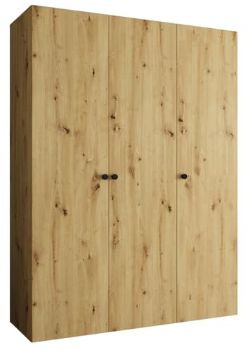 MEBLE KRYSPOL - Kleiderschrank - Garderobenschrank - 150 cm x 202 x 52 cm - Schrank mit Kleiderstange, 3 Türen - für Schlafzimmer, Flur - Parma, Artisan-Eiche, Griff Schwarz