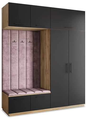 Masseno Flugarderoben Set Rema, Kleiderschrank-Set mit Sitzbank, Garderobenschrank Flur mit 5 Regalböden, Eiche Wotan/Schwarz