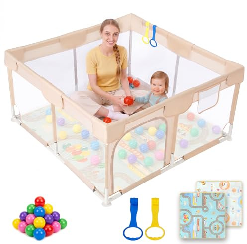 Dripex Laufstall Baby mit Matratze, Laufgitter für Babies and Toddlers | Atmungsaktives Netz, Gepolsterte Sicherheitsrahmen, Saugnäpfe, 210D Oxford, 2 Greifringe & Bunte Bälle, Beige, 124×124cm
