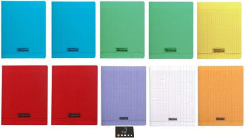 Lot de 10 cahiers 24x32 48 pages seyès couverture polypro grands carreaux avec 1 règle marque page en bois blumie