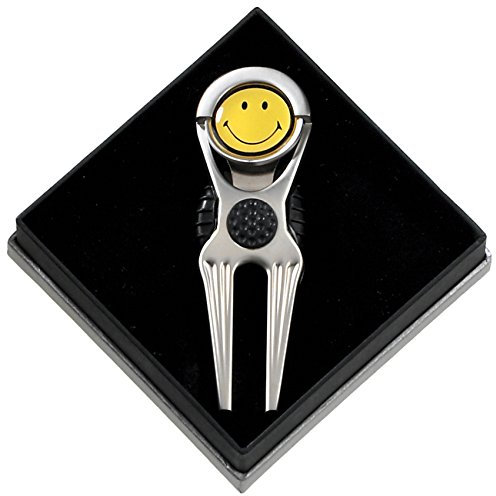 Sportiques Edle Pitchgabel aus Messing mit Motivballmarker Smiley - EIN schönes Golfgeschenk in der Geschenkbox