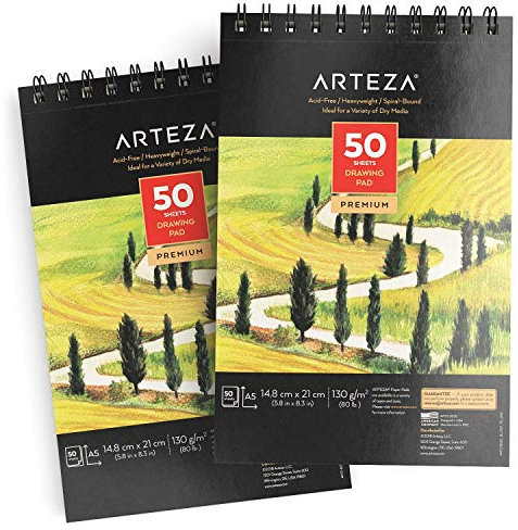 ARTEZA Zeichenblock DIN A5, Malblock mit Spiralbindung, weißes (148x210 mm) Zeichenpapier, 50 Blätter 2er-Set