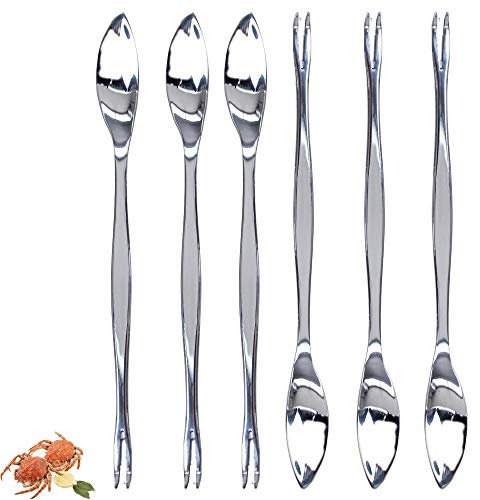 CUPERINOX Cubiertos para marisco | Pinzas para marisco | Tenazas para marisco | 6 Unidades | Cubiertos marisco (Cangrejo, Langosta, Ostras) | Tenedor de marisco con dos dientes inferiores y cuchara.