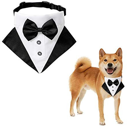 WANDIC Hund Hochzeit Bandana Formal Tux Hund Bowtie Bandana mit D-Ring für mittelgroße große Hunde, Weiß, Schwarz, Baumwolle, M, L, Hochzeit, Weihnachten, Einstellbar, Leicht zu reinigen