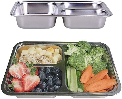 WDong Edelstahl Rechteckige Geteilte Teller 3 Abschnitte, 9,5 Zoll * 6,7 Zoll, Geschirrspülsicheres Tablett, BPA-frei (2er-Set)