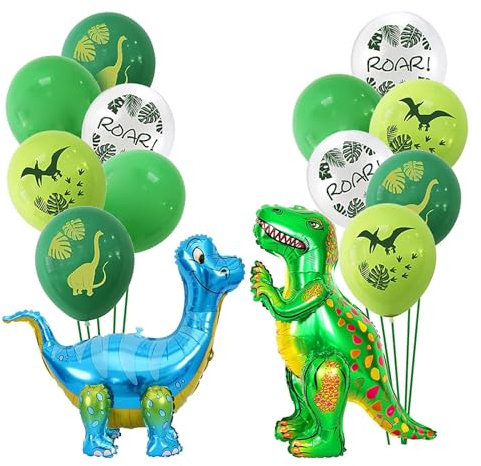 Dino Ballon, 14 Stück 3D Stehende Dinosaurier Folienballons Aufblasbar mit Dinosaurier Latexballons Grün Blau für Geburtstagsfeier Babyparty (Grün)