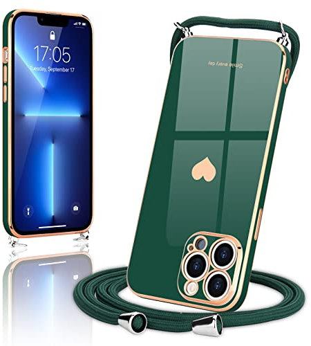 Wirvyuer Coque avec Cordon pour iPhone 13 Pro Max Coque Ultra Mince Silicone Souple Étui en Motif Coeur avec Chaîne Collier Réglable Téléphone Portable Lanyard Case pour iPhone 13 Pro Max Vert foncé