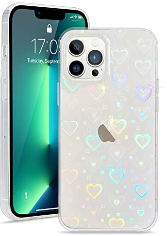L-FADNUT for iPhone 13 Pro Max Case Crystal Clear Cute Holographic Heart Pattern for Women Girls Transparent Fashion Glitter Silicone Bumper Shockproof Protective Phone Case for iPhone 13 Pro Max