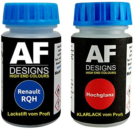 Alex Flittner Designs Stylo de retouche Compatible avec Renault RQH Bleu Iron Metallic + Set de Peinture Automobile Comprenant Vernis Transparent et Peinture de Base, 50ml chacun