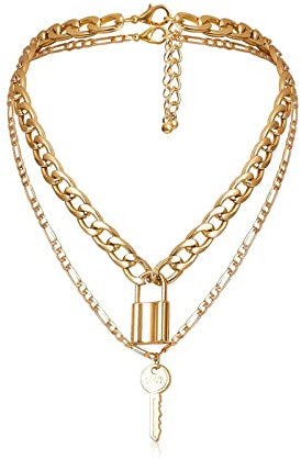 Stfery Lock Necklace for Women, Layered Necklace Gold Alloy Key Chain Jewelry for Her Adjustable