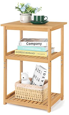 UOMIO Square Bamboo End Table 3-Tier Small Sofa Tables Slim Bedside table with Storage Shelf Practical Bamboo Side Table Coffee Table for Living Room Couch Chairside Table