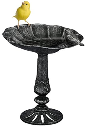 Relaxdays Vogeltränke, stehend, Vogelbad aus Gusseisen, winterfest, Garten Wasserschale mit Ständer, schwarz-silber