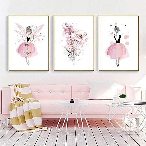 Youihom 3 Affiche Ballerina Fille Rose Floral Poster Dessin Fleur Illustration Chambre Bebe Enfant Aquarelle Tableaux Decoration Murale Impression sur Toile 30x40 Cadeau sans Cadre