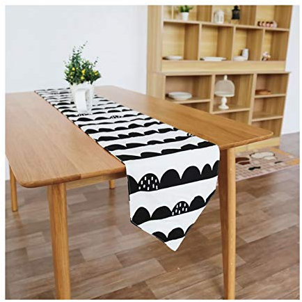 EHOMERY Tischläufer Indisch, Tischläufer Schwarz Schwarz-Weiss Geometrischer Halbkreis Tischläufer Cotton 30x180CM