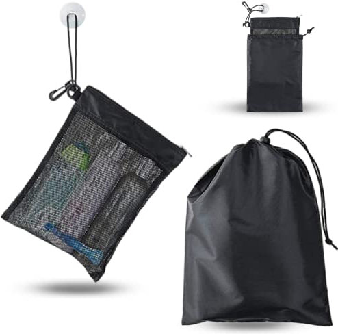 Waterproof Toiletry Bag - Bathroom Mesh Bag Travel Hanging Mesh Toiletries Bag with Drawstring Hook Sucker for Gym Camping Travel Business