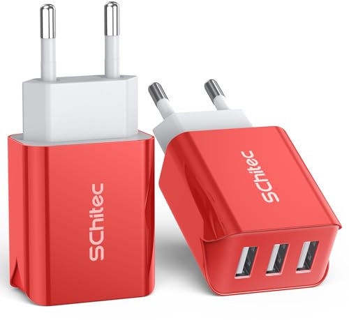SCHITEC Chargeur Secteur USB 3 Ports Prise USB Chargeur Mural 3Pack 15W/ 3.1A Adaptateur USB Universel Compatible avec iPhone 11 XS XR X 8, Huawei P20, Samsung Galaxy Note 8, S9, S8 (Red-2 Pack)
