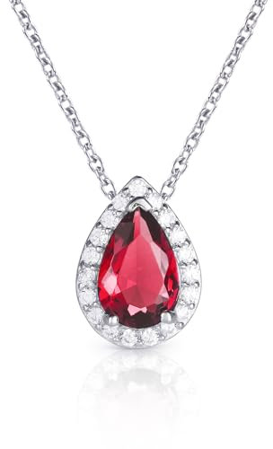 Diamond Treats 925 Sterling Silver Red Pendant Necklace with a Ruby Red Stone, Pear Shaped Ruby Red Necklace in 925 Silver, Red Halo Pendant Necklace for Women, Jewellery Gifts for Women