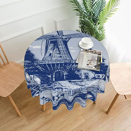 Nederland Süße Vintage Holländische Windmühle Delfter Blaue runde Tischdecke Spritzwassergeschützt für Outdoor Indoor Tisch 60 Zoll