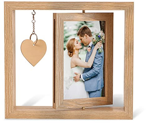 IGRARK Holz Bilderrahmen, Doppelseitigen Fotorahmen Drehen mit Herz Deko, Portraitrahmen Rahmen Frame für den Schreibtisch Familie Hochzeit Geschenke, Hält 2 Fotos 15x10cm (Holzfarbe)