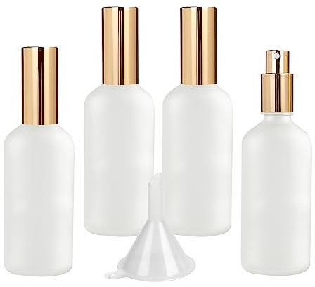 LusDoly Pack of 4, Empty 100ml Frosted Transparent Glass Fine Mist Atomiser Bottles with Gold Sprayer Water Spray Bottles Perfume, Aromatherapy, Cosmetic Travel Containers 2x Funnel