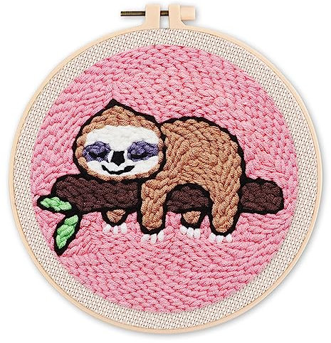 Figured'Art Punch Needle Set für Erwachsene - Stickerei, ideal für Anfänger - Faultier auf einem Ast - 20x20cm mit rundem Rahmen