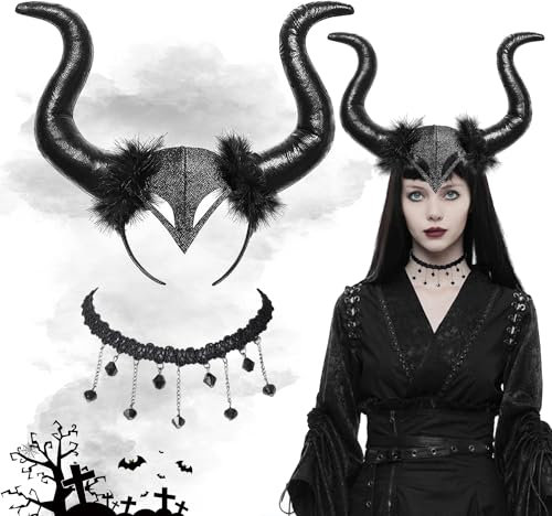 Halloween Königin Hörner,Kopfschmuck Horn Kopfbedeckung mit Gothic Spitze Halskette Devil Horns Cosplay für Halloween Karneval Maskerade,Kinder Dämon Kostüme für Halloween Karneval Fasching Maskerade