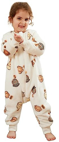 XQ&XG Baby Schlafsack mit Füßen 2.0 Tog,Babyschlafsack mit langen Ärmeln,Schlafsack Kinder mit Beinen für mädchen und Junge,Weiß Bär,90