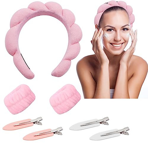 3 Set Bandeau et Bracelet de Lavage du Visage,Bandeau Cheveux Femme Maquillage,Bandeau Poignet en Polaire Corail,Bandeaux et Bracelets pour les Lavage le Soins de la Peau,Avec 4 Pinces à Cheveux(Rose)
