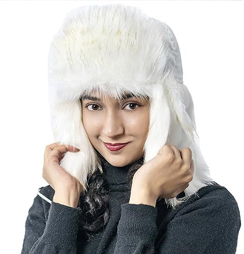 HEYANN Wintermütze Trapper Uschanka Damen Trapper Russische Hütte Weiß Mütze mit Ohrenklappen Winter Bomber Hut Wintermütze Unisex Fliegermütze Fellmütze für Herren (S/M, Weiß)