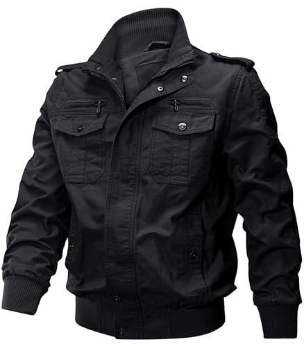 ZDJSWJ Hommes Casual coupe-vent veste cargo militaire Multi-poches col montant bomber workwear (Noir,5XL)