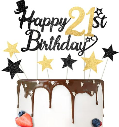 Glitter Happy Birthday Cake Topper Black Gold Gliter Happy 21st Birthday Cake Topper for Boys 21st Birthday Cake Decorations 7PCS by RichMoho