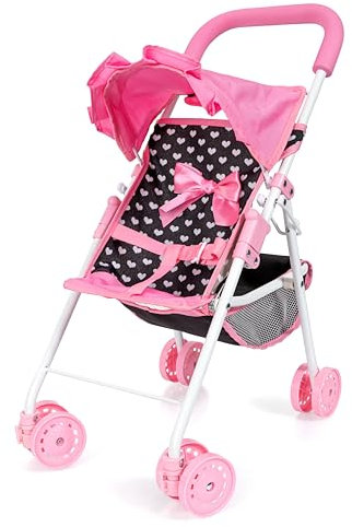 Bayer Design 21560AA Puppenbuggy mit Dach und Tasche, Doppelrädern, Gurt, integriertem Korb, faltbar, Schwarz, Rosa