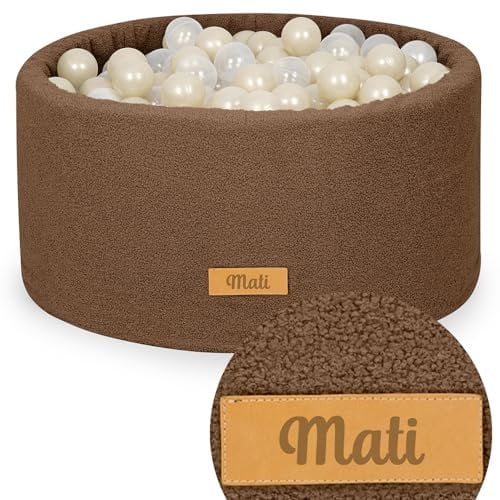 Flumi Personalisierte Bällebad Baby ab 1 Jahr - Bällepool Kinder 90x40cm mit 200 Bällebad Bälle ∅ 7cm in EU hergestellt - Oeko-TEX und CE-Zertifiziert - (Schokolade Teddy)