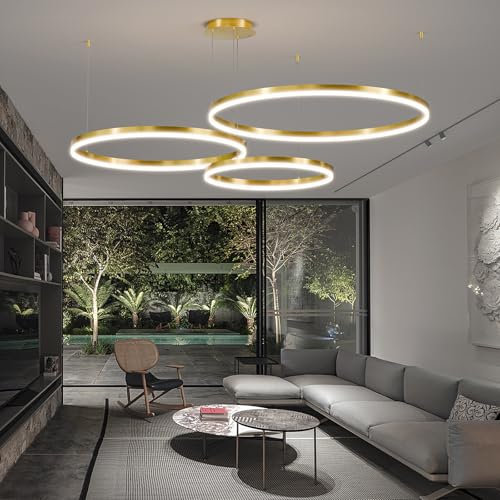Mikeru 40+60+80cm Minimalistische Pendelleuchten, Dimmbare 10% bis 100% Gold Höhenverstellbare Lampe Esszimmer mit Memory-Funktion 3000K/4500K/6500K LED Deckenleuchte Ringe für Kücheninse