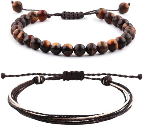2er Set Surfer Armband Herren & Damen Naturstein Perlen Armbänder für Männer Frauen Unisex Einstellbare Wasserdichte Seil Armbänder Set Armband