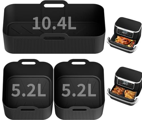 Anttyscar 1x10.4L+ 2x5.2L Silicone Liners for Ninja AF500UK, 2mm Silicone Liners for Foodi Flexdrawer AF500uk, Ninja Air Fryer Dual Accessories, AF500uk Liners Accessories (3PCS, Black)