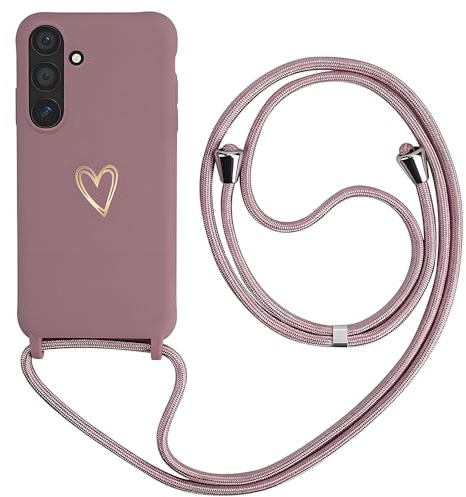 Anfire Handyband für Samsung Galaxy A55 5G Hülle mit Band, Pink | Herz Love Design Silikon Stossfest Handyhülle, Verstellbar Abnehmbar Kordel, Kameraschutz und Bildschirmschutz