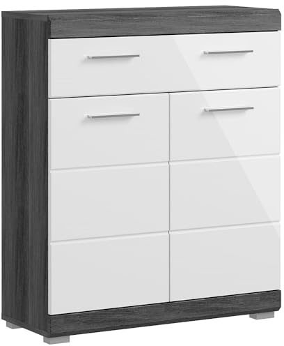 Lomadox Badezimmerschrank Badezimmerkommode Badezimmermöbel Gäste WC Schrank ca. 74 cm breit modern in Hochglanz weiß mit grau