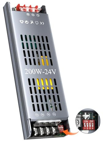 HOOLED Transformador LED DC 24V 8,3A, 200W Alimentador regulable, apto para 220-240V AC a DC 24V transformador LED, fuente de alimentación con 5 modos de protección