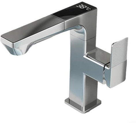 URPIZY Robinet de lavabo à affichage numérique pivotant deux modes chaud/froid thermostatique LED contrôle de la température Robinet d'évier de salle de bain en métal (argenté)