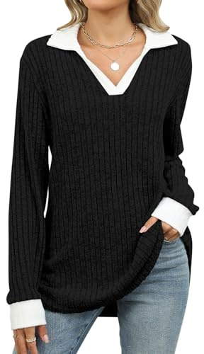 VEVESMUNDO Damen Strickpullover Langarm Strickpulli V Ausschnitt Oversized Lang Herbst Oberteile Rippstrick Pullover Gr.36 38 40 42 44