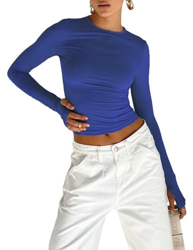 Women's Slim Fit Crop Tops Casual Solid Color Crew Neck Long Sleeve Tight T-Shirt Basic Blouse Tee Tops (X-Royal Blue with Thumb Holes, L)