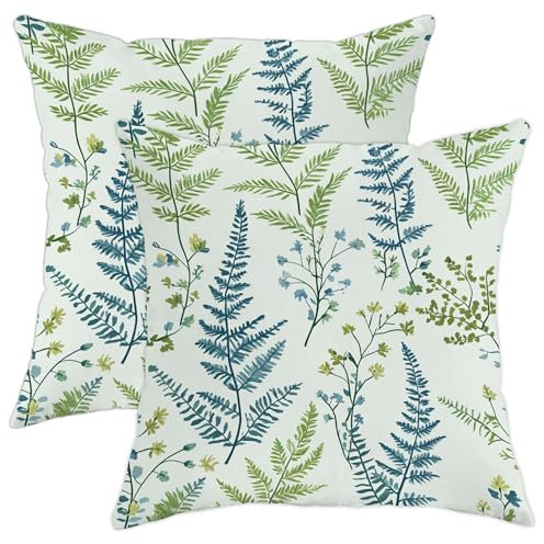 Farn-Kissenbezüge, 2er-Set, blau-grüne Botanische Pflanze, dekorativ, quadratisch, rustikale Dekoration, Kissenbezüge für Zuhause, Sofa, Bett, Couch, 45,7 x 45,7 cm