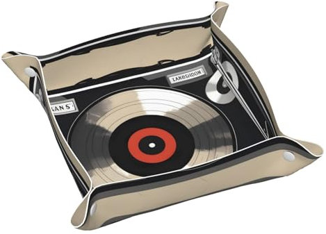 Llkgot Bandeja de almacenamiento de cuero con impresión de discos de vinilo vintage, bandeja de cuero de doble cara de PVC de pequeña calidad para un almacenamiento y organización cómodos