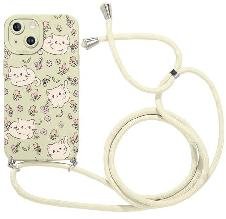 Saqmkil Coque avec Cordon pour iPhone 13 6,1,Aesthetic Mignon Chat Fleur Motif Étui Filles Dessin Case avec Collier Tour de Cou Laniere Corde Réglable, Mince Silicone TPU Bumper Antichoc Housse,Beige