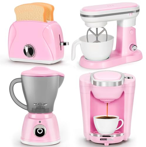 Pink Play Kitchen Appliances Toy Set with Coffee Maker Machine, Mixer, Toaster, Blender, Kids Kitchen Playset, Play Kitchen Accessories with Sound & Light, Birthday Gifts for Kid Girls Ages 3-5 4-8