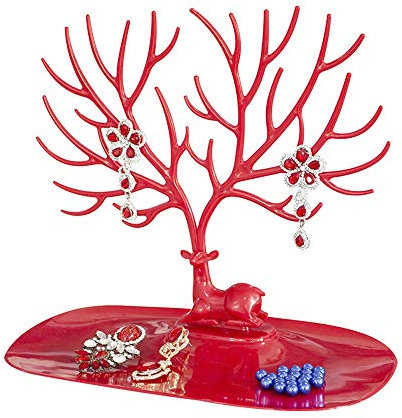 Schmuckständer, Geweih-Baum, Schmuckregal mit Tablett, Hirsch, Schmuckständer, Baumaufbewahrungsständer (rot)