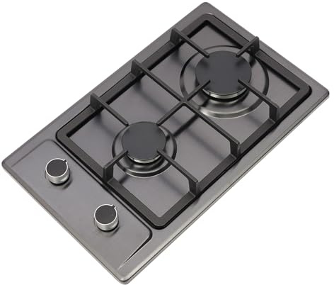 JAYEUW Cocina de gas de 2 fuegos, 3 kW + 1,75 kW, estufa de gas portátil, placa de cocción de acero inoxidable con válvula reductora de presión, NG/LPG, para camping al aire libre, fiesta, 51 x 31 x