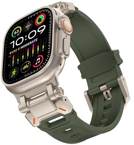 GANYUU Para Apple Watch Ultra 2 Band 49mm Para Apple Watch Band Series 9/8/SE2/7/6/SE/5/4/3/2/1 45mm/44mm/42mm Banda conectora de metal duradera, banda de repuesto deportiva de TPU resistente(Green -